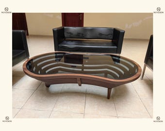 Handmade Walnut Coffee Table – Modern Spiral Wood Design, Tempered Glass Top
