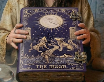 Månens Tarot-dagbok | Personlig läderdagbok med lås, handgjord grimoire-månanteckningsbok skissbok — Häxgåva