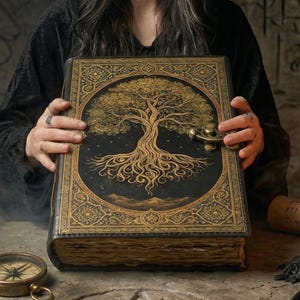 Puede incluir: Un libro antiguo grande con un dise&ntilde;o dorado de &aacute;rbol de la vida en la portada. Lo sostiene una persona con una t&uacute;nica negra con capucha. La escena incluye velas encendidas, una br&uacute;jula y hierbas secas, creando una atm&oacute;sfera m&iacute;stica.