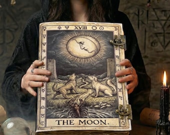 Månens Tarot-dagbok | Personlig läderdagbok med lås, handgjord grimoire-månanteckningsbok skissbok — Häxgåva