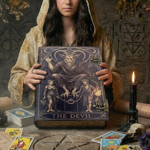 May include: A person holding a large, ornate book titled "THE DEVIL." The book features a detailed illustration of a horned figure and two chained figures. Tarot cards, candles, and a quill pen are on the table. The scene has a mystical, gothic theme.