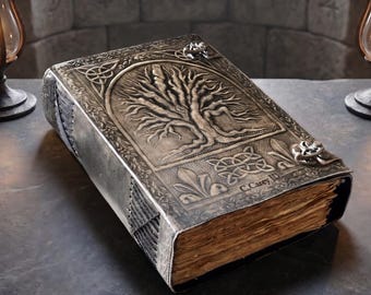 Diario de cuero Árbol de la Vida con papel de borde irregular, Libro de las Sombras vintage hecho a mano, Grimorio, Diario de viaje, Grabado personalizado