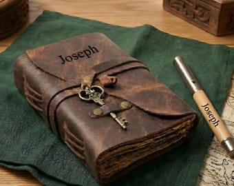 Cuaderno de cuero personalizado con llave antigua / Papel artesanal con bordes irregulares