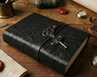 Black Floral Vintage Leather journal, leather notebook, notebook travellers, grimoire, sketchbook, Best gift for women, book of shadows
