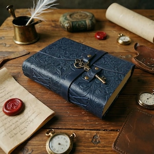 Blaues Blumen Vintage Leder Journal, Leder Notizbuch, Notizbuch Reisende, Grimoire, Skizzenbuch, das beste Geschenk für Frauen, Buch der Schatten