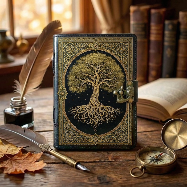 Puede incluir: Un diario azul oscuro con un dise&ntilde;o dorado de &aacute;rbol de la vida, un cierre de lat&oacute;n y adornos dorados. Una pluma, un tintero y una br&uacute;jula est&aacute;n sobre una superficie de madera, sugiriendo un tema vintage o de fantas&iacute;a.