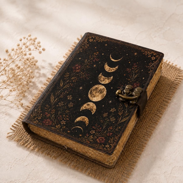 Grimoire Vintage leather journal, Moon Phase Handmade Fat Journal, Blank spell book of shadows Celestial Gifts For Him Her