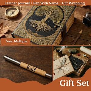 Puede incluir: Un diario de cuero con un dise&ntilde;o de &aacute;rbol de la vida, un bol&iacute;grafo grabado con "Kaif" y una caja de regalo. El diario tiene un cierre de broche y el bol&iacute;grafo es plateado y de madera. La caja de regalo est&aacute; atada con hilo.