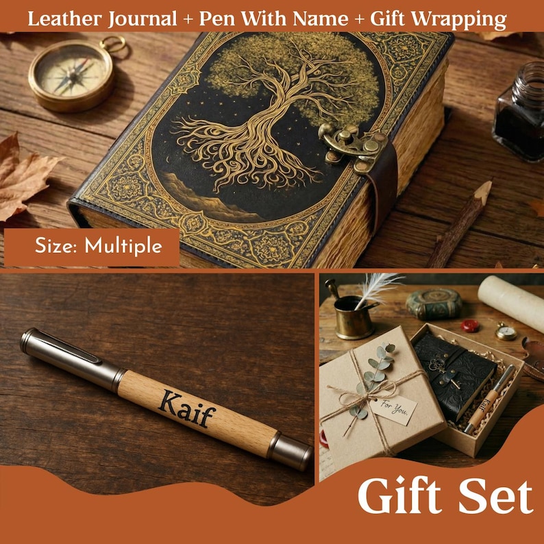 Puede incluir: Un diario de cuero con un dise&ntilde;o de &aacute;rbol de la vida, un bol&iacute;grafo grabado con "Kaif" y una caja de regalo. El diario tiene un cierre de broche y el bol&iacute;grafo es plateado y de madera. La caja de regalo est&aacute; atada con hilo.