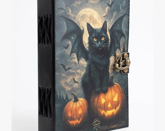 Witchcraft Book Grimoire | 400 Page Leather Journal | Halloween Cat | Notebook Travellers | Book of Shadow  Spell Book | Celestial Grimoire