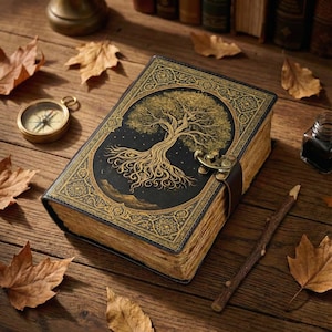 Puede incluir: Un diario de estilo vintage con un dise&ntilde;o de &aacute;rbol de la vida en la portada. La cubierta es negra con detalles dorados y un cierre de broche. Una br&uacute;jula, un tintero y un l&aacute;piz est&aacute;n cerca sobre una superficie de madera, rodeados de hojas de oto&ntilde;o.