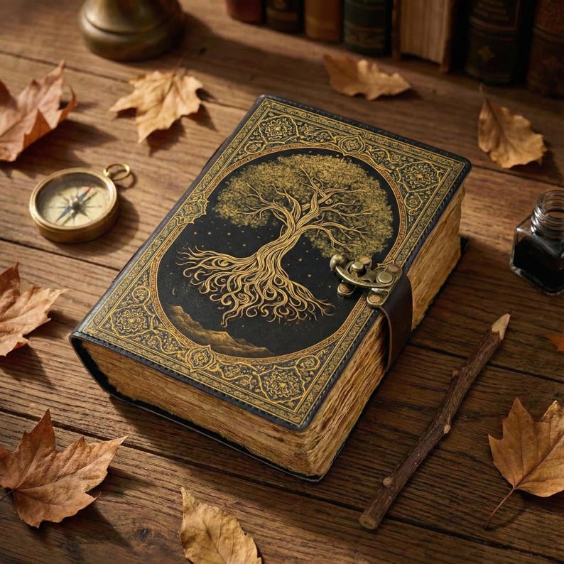 Puede incluir: Un diario de estilo vintage con un dise&ntilde;o de &aacute;rbol de la vida en la portada. La cubierta es negra con detalles dorados y un cierre de broche. Una br&uacute;jula, un tintero y un l&aacute;piz est&aacute;n cerca sobre una superficie de madera, rodeados de hojas de oto&ntilde;o.