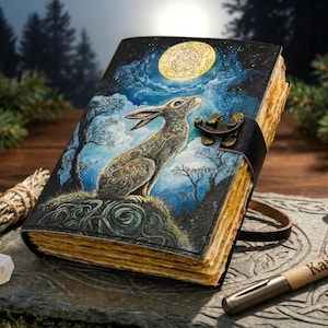 Moon Gazing Hare | Personalized Leather Journal | Handmade Journal | Leather Notebook | Vintage Diary | Sketchbook
