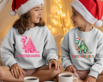 Sudadera de dinosaurio navideño, camiseta navideña, camiseta navideña para amantes de los dinosaurios, suéter navideño a juego con dinosaurios, camiseta navideña con árbol para niños pequeños
