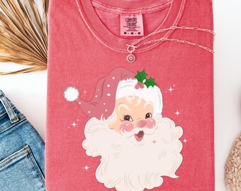 Camiseta navideña retro rosa de Papá Noel, camiseta vintage de Papá Noel Comfort Colors®, bonita camiseta navideña de Papá Noel, camiseta familiar rosa a juego