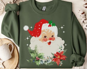 Sudadera retro de Papá Noel, suéteres familiares navideños a juego, camiseta navideña vintage de cuello redondo para fiestas, camisas navideñas para mujer