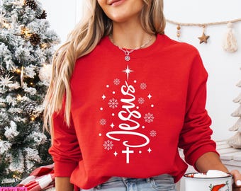 Sudadera con árbol de Navidad de Jesús, Camiseta navideña cristiana, Camiseta con copos de nieve, Regalo para amantes de Jesús, Regalos cristianos para Navidad, Suéter navideño