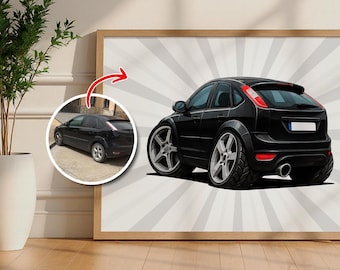 Retrato personalizado de coche: Dibujo animado para amantes de los coches, ilustración de póster a partir de una foto (descarga digital para impresión).