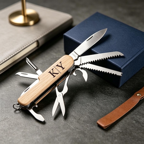 A personalized wood-handled multi-tool with engraving — the kind of groomsmen gift that actually gets kept and used instead of tossed in a drawer.