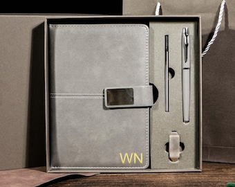 Cuaderno con inicial personalizada y bolígrafo, regalo personalizado para nuevo trabajo, regalos profesionales de oficina, regalo para hombres, agradecimiento de fin de año.