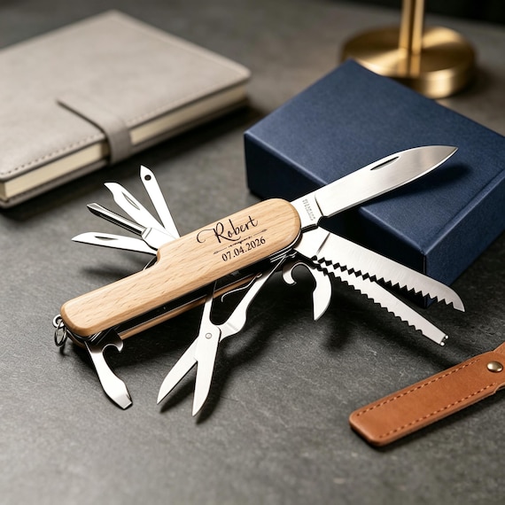 A personalized folding multi-tool with wine opener that arrives in a gift box — engraved with a name or message for a genuinely thoughtful, useful gift.