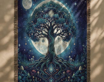 Manta tejida Árbol Celestial de la Vida / Manta de estilo cottagecore de bruja