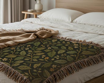 Green Leaf Woven Throw Botanical Throw Blanket | Cottage Home Decor