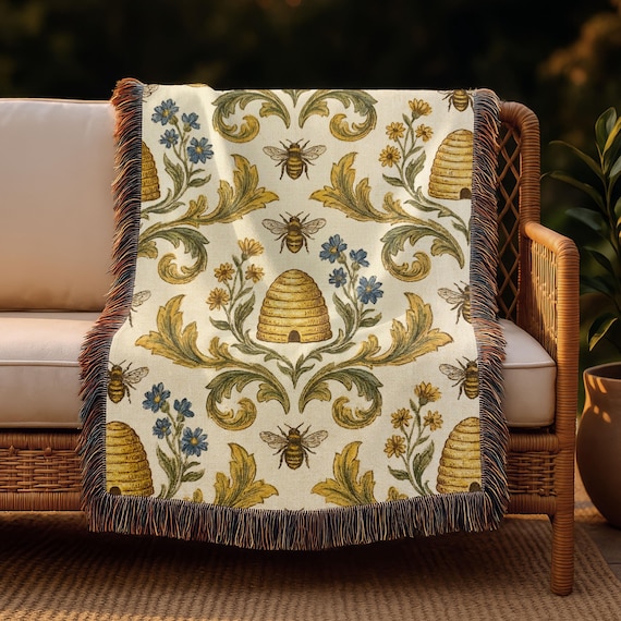 Vintage Bee and Beehive Cotton Throw Blanket, Cottagecore Tapestry
