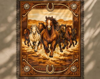 Wilde Pferde Webdecke | Western Cowboy Pferd Überwurf | Rustikale Ranch Bauernhaus Wohnkultur
