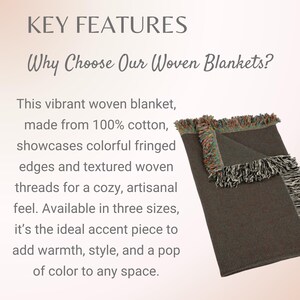 May include: A woven blanket with colorful fringed edges and textured threads. The blanket is made of 100% cotton. The text on the image reads "KEY FEATURES" and "Why Choose Our Woven Blankets?"