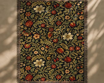 Floral Woven Blanket Throw Blanket | Vintage Botanical Cottagecore Home Decor