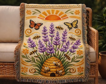 Bee Garden Woven Blanket | Lavender Floral Throw | Botanical Folk Art Tapestry