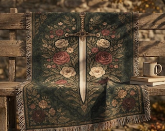 Gothic Sword and Roses Tapestry Blanket | Medieval Woven Throw
