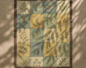 Floral Patchwork gewebte Decke | Pastelcore Cottage Überwurf | Vintage Quilt-inspirierte Decke | Weiches botanisches Dekor-Geschenk