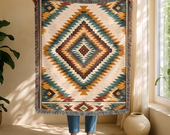 Manta tejida geométrica del suroeste / Manta estilo azteca navajo / Decoración rústica bohemia tribal para el hogar