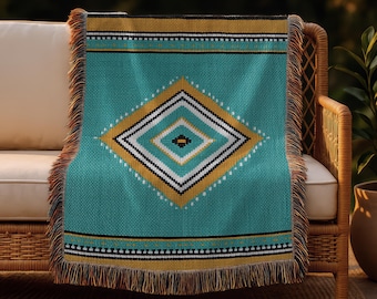 Coperta tessuta turchese in stile sud-occidentale con motivo tribale a rombi