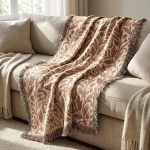 Floral Woven Blanket Throw | Vintage Botanical Sofa Decor | Neutral Cottagecore Bed Blanket Gift
