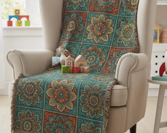 Boho Medallion Woven Throw Blanket | Teal & Brown