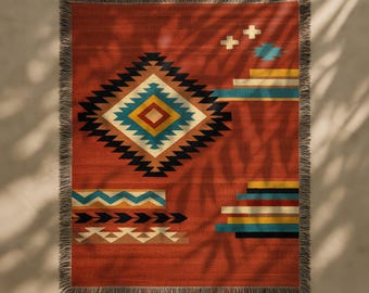 Aztec Woven Blanket in Egg Shel Blue: Wool Blend Southwest Boho Throw ...