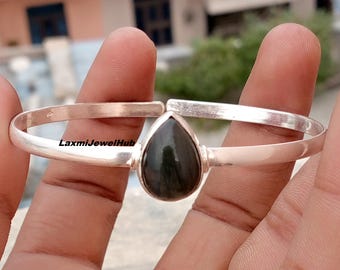 Elegante brazalete de plata de ley 925 con labradorita / Brazalete ajustable hecho a mano con piedras preciosas / Joyería minimalista y llamativa, regalo ideal para ella.