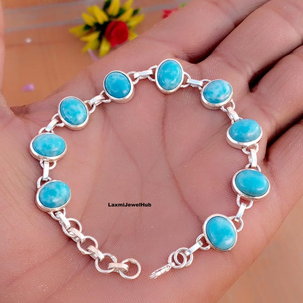 Pulsera de larimar hecha a mano, colgante de plata de ley 925