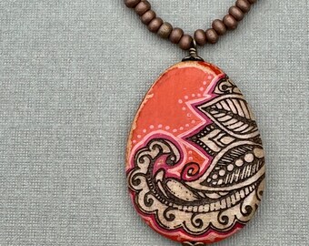 Wood Burned Paisley Pendant Necklace