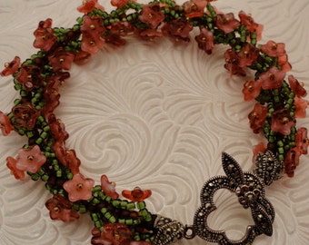 Czech Glass Flower, Japanese Seed Bead, and Sterling Silver Marcasite Bracelet