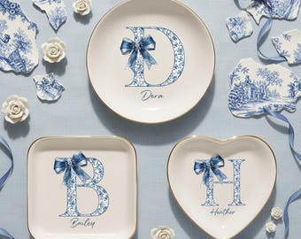 Personalized Blue Toile Initial Trinket Dish | Girly Jewelry Dish