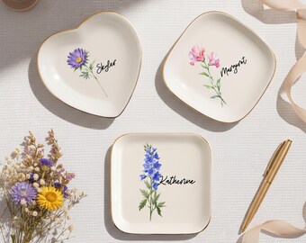 Personalized Birth Flower Ceramic Trinket Dish, Custom Jewelry Dish