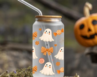 Ghost Iced Coffee Glass Tumbler with Bamboo Lid, Spooky Season Gift