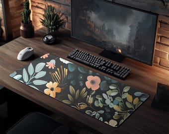 Dark Cottagecore Mat, Floral Desk Mat, Botanical Mouse Pad, Vintage Desk Mat, Wildflower Mousepad, Nature Desk Decor, Garden Desk Pad