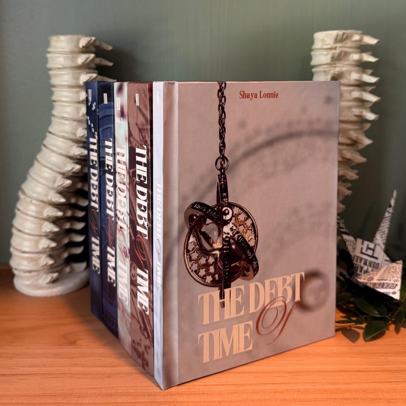 K&ouml;nnte beinhalten: Eine Sammlung von B&uuml;chern mit dem Titel "THE DEBT TIME" in verschiedenen Farben, aufrecht angeordnet. Das Cover des Hauptbuchs zeigt einen dekorativen Anh&auml;nger und den Namen des Autors, Shaya Lonnie. Die B&uuml;cher werden auf einer Holzoberfl&auml;che pr&auml;sentiert.