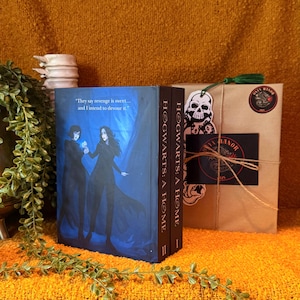 May include: Two books titled "Hogwarts: A Home" with a blue cover featuring two figures and the quote, "They say revenge is sweet... and I intend to devour it." A wrapped package with a skull bookmark and a "Onyx Manor" sticker is also present.