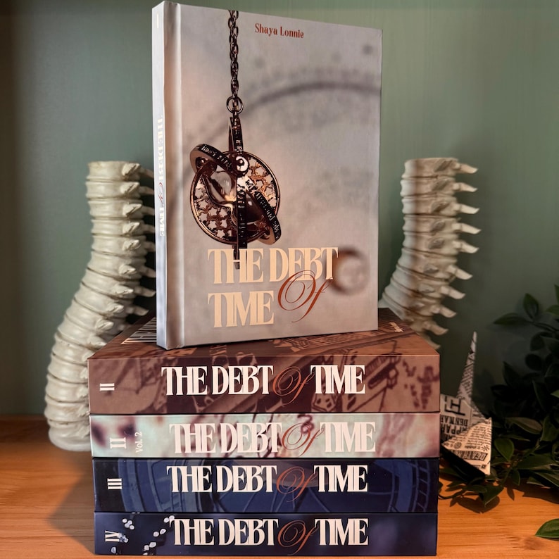 K&ouml;nnte beinhalten: Eine Sammlung von B&uuml;chern mit dem Titel "The Debt of Time" von Shaya Lonnie. Die Einb&auml;nde zeigen ein Vintage-Uhrendesign und einen Farbverlauf in Braun, Blau und Grau. Die B&uuml;cher sind gestapelt und aufrecht.